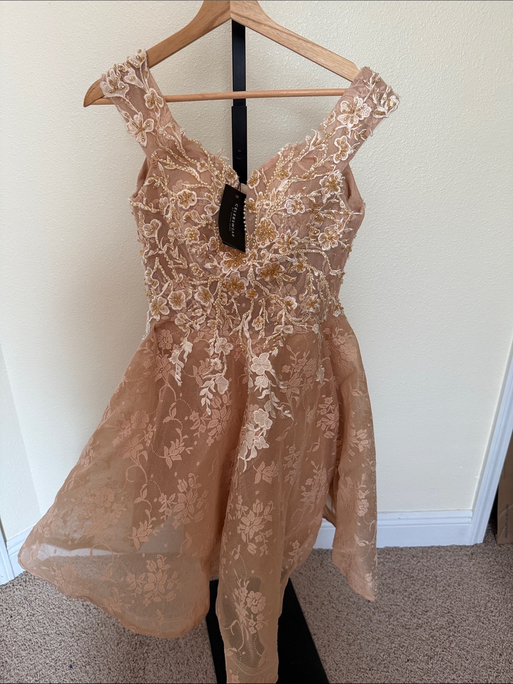 CelebsWear🌹Sleeveless Floral Lace Dress in Light Brown - Elegant Party Dress